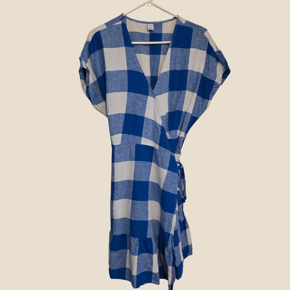 Old Navy Womens Wrap Dress Size Large Blue Gingham Linen Blend Ruffle Cottage